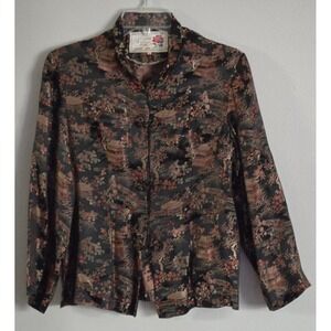Peony Brand Shanghai Brocade Satin Pagoda Floral Jacket Small Frog Closure‎ Vtg